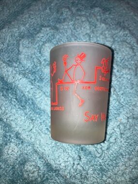 Hazel Atlas Frosted Shot Glass with Red Printed Design
